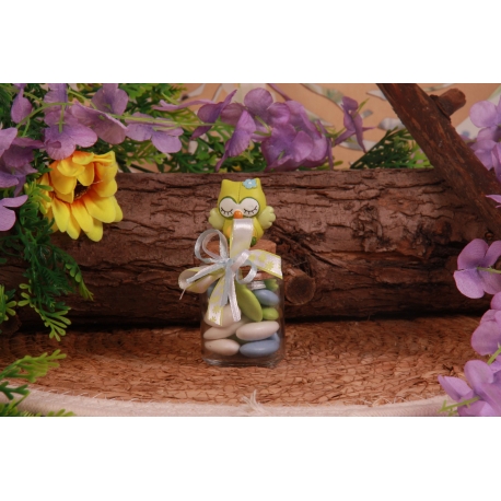 Hibou vert sur pot en verre