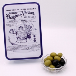 Olives, Boîte métal "Certifiées Braquier" 400 g - Dragées Braquier, confiseur chocolatier à Verdun