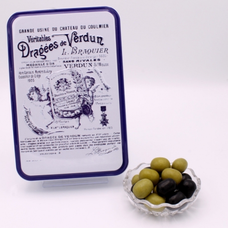 Olives, "Braquier Certified" metal-box 400 g - Dragées Braquier, confiseur chocolatier à Verdun