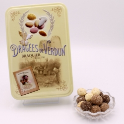 Noix de Coco, Boîte métal "Amour et gourmandises" 400 g - Dragées Braquier, confiseur chocolatier à Verdun