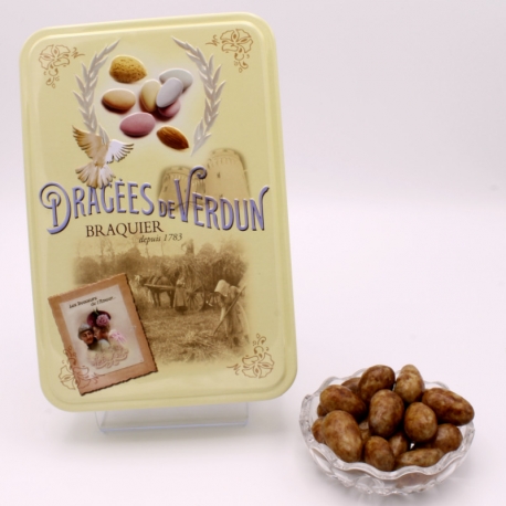 Léontine 3 chocolats, Boîte métal "Amour et gourmandise" 400 g - Dragées Braquier, confiseur chocolatier à Verdun
