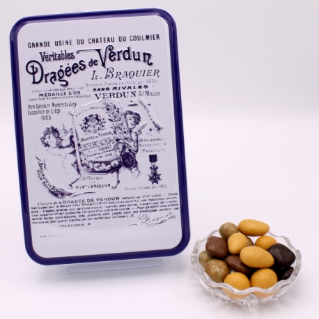Chocolate, Boîte métal "Certifiées Braquier" 400 g - Dragées Braquier, confiseur chocolatier à Verdun